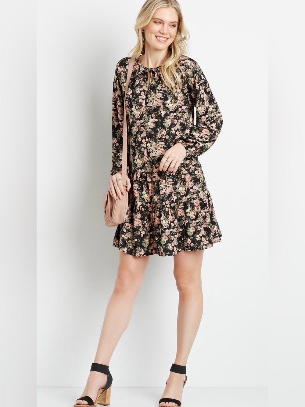 Maurices Black Floral Tie-Neck Long Sleeve Dress